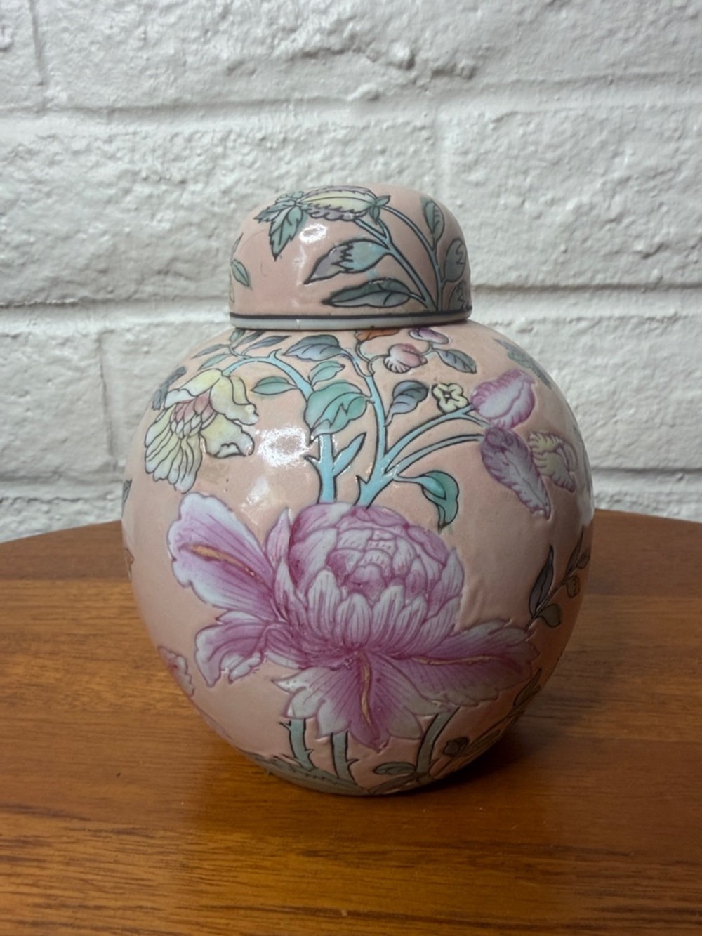 Vintage Pink Macau Hand Painted Floral Ginger Jar with Lid